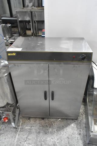 Sodir stainless steel 2-door reach-in warming cabinet, 115V, 1 phase. Features temperature knob, minor wear visible.