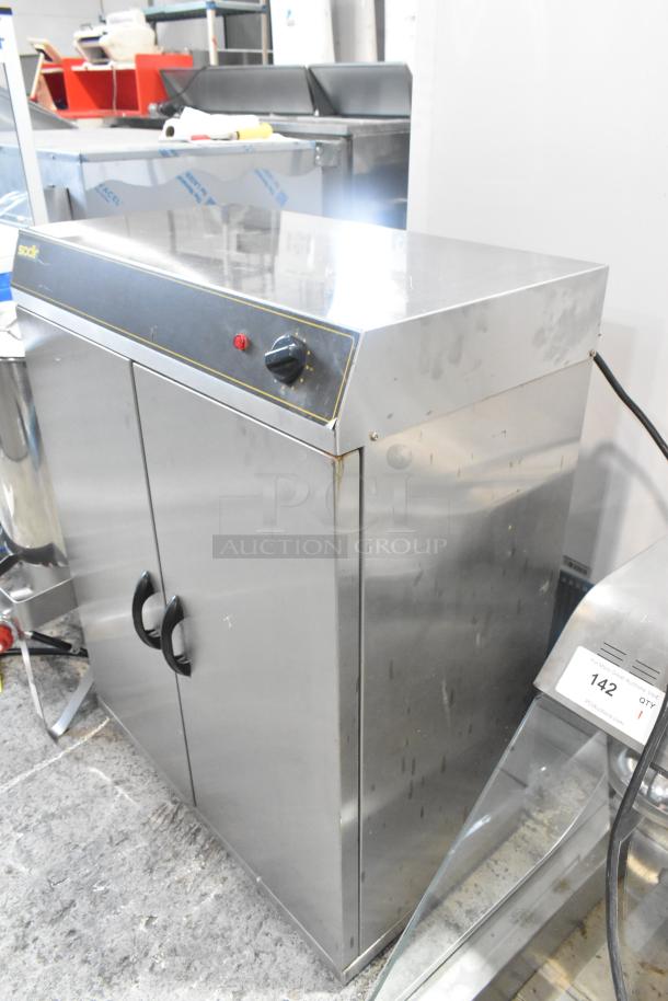 Sodir stainless steel 2-door reach-in warming cabinet, 115V, 1 phase, commercial grade, visible control knob, good condition.