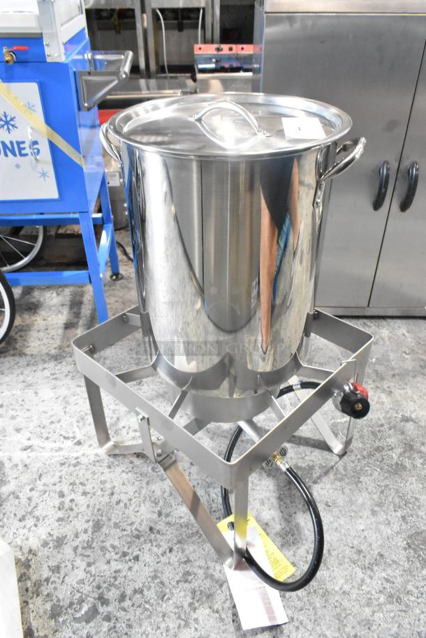 Commercial propane single burner range with deep fat fryer stock pot, stainless steel, includes gas hose, used condition.