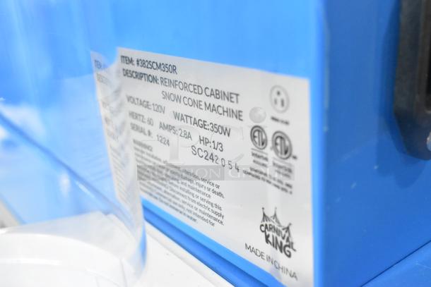 Carnival King 382SCM350R metal Sno Cone Machine with reinforced cabinet. 120V, 1 Phase, 350W, brand new, scratch and dent.