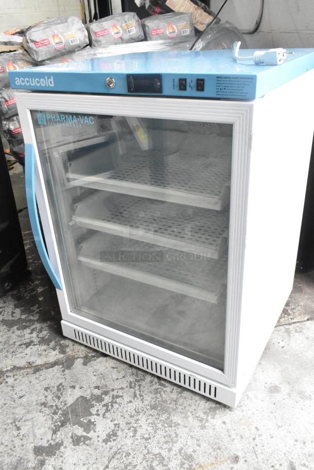 Accucold ARG6PV456 mini cooler merchandiser, metal, glass door, three shelves, 115V, 1 Phase, visible control panel.