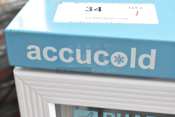 Accucold ARG6PV456 metal mini cooler merchandiser, 115 volts, 1 phase. Blue exterior, visible branding. 