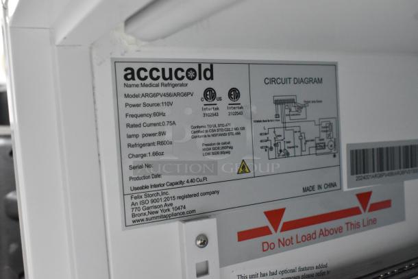 Accucold ARG6PV456 mini cooler merchandiser label, showing model details, 115V, R600a refrigerant, 4.40 cu ft interior.
