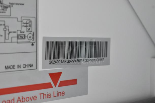 Barcode and product label for Accucold ARG6PV456 metal mini cooler merchandiser, 115 volts, 1 phase, made in China.
