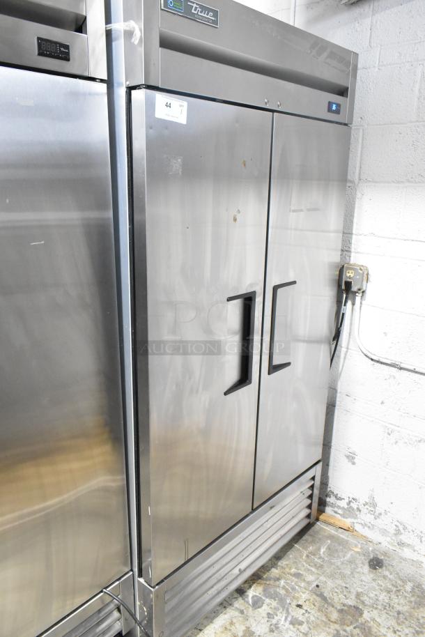 2022 True T-35-HC stainless steel 2-door reach-in cooler, commercial grade, with poly-coated racks, 115V, 1 phase.