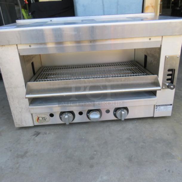 CPG Natural Gas Cheese Melter, stainless steel, 35x21x23 inches, three knobs, well-maintained, branded logo visible.
