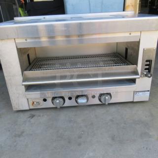 CPG Natural Gas Cheese Melter, stainless steel, 35x21x23 inches, three knobs, well-maintained, branded logo visible.