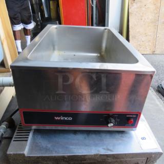 Winco FW-S500 food warmer, 120V, stainless steel, 14.5x22.5x9 inches, visible control knob, minor wear, branded front panel.