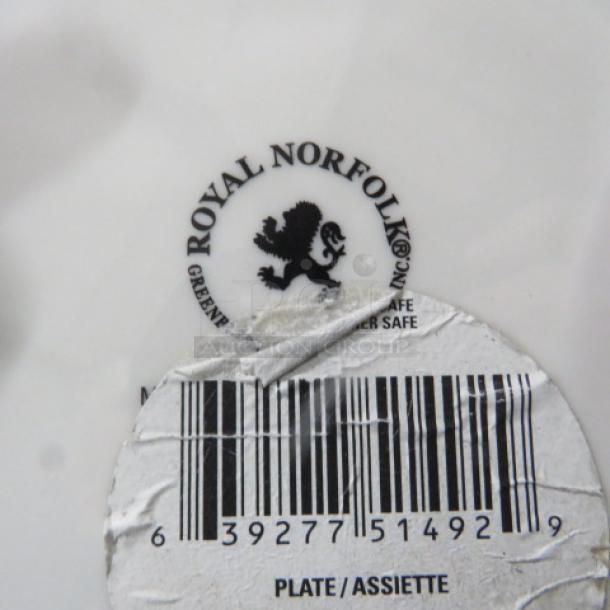 7.5 Inch Royal Norfolk Plate, barcode and lion emblem visible, dishwasher and microwave safe.