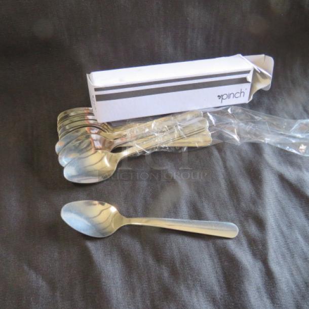 Dozen NEW Dominion teaspoons, 3XBID, 36 total. Stainless steel, unboxed. Brand: Pinch. Packaged in plastic wrap.