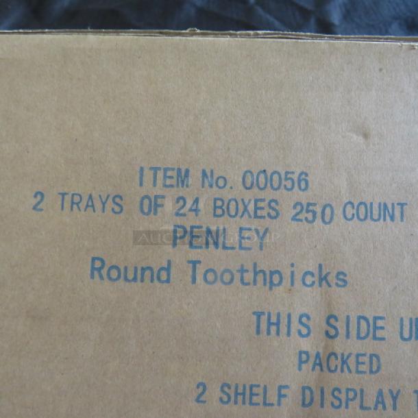 Case of Penley round toothpicks, Item No. 00056, 2 trays of 24 boxes, 250 count each, packed for shelf display.