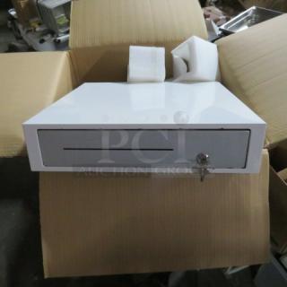 White Clover cash drawer with key, in good condition. Features a front key lock and note slot.
