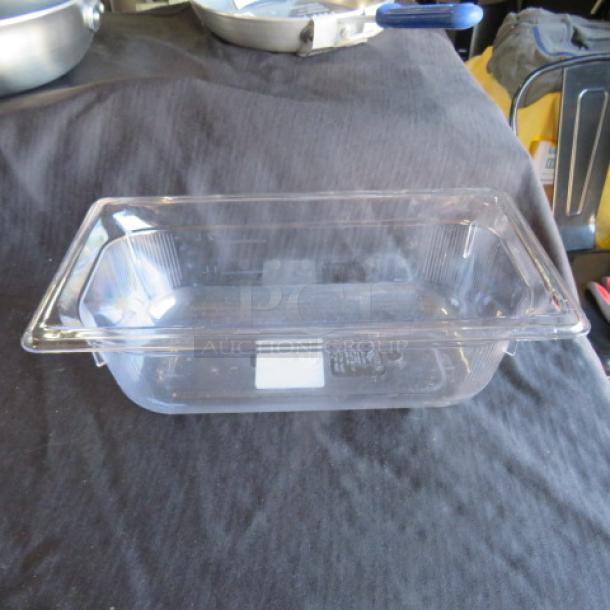 NEW Vollrath 1/3 size 4-inch deep food storage container, clear plastic, pristine condition, with measurement markings.