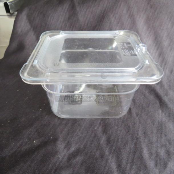 1/6 size 4-inch deep clear food storage container with lid, marked "3XBID," in excellent condition.