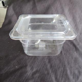 1/6 size 4-inch deep clear food storage container with lid, marked "3XBID," in excellent condition.