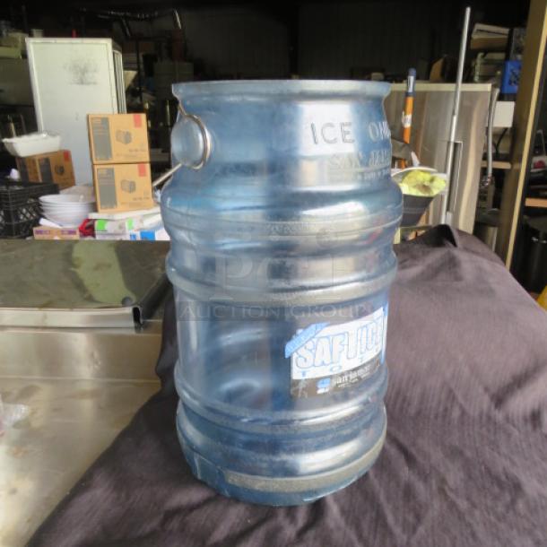 One Saf T Ice Bucket, blue plastic, used condition, visible logo and handle, ideal for safe ice storage.