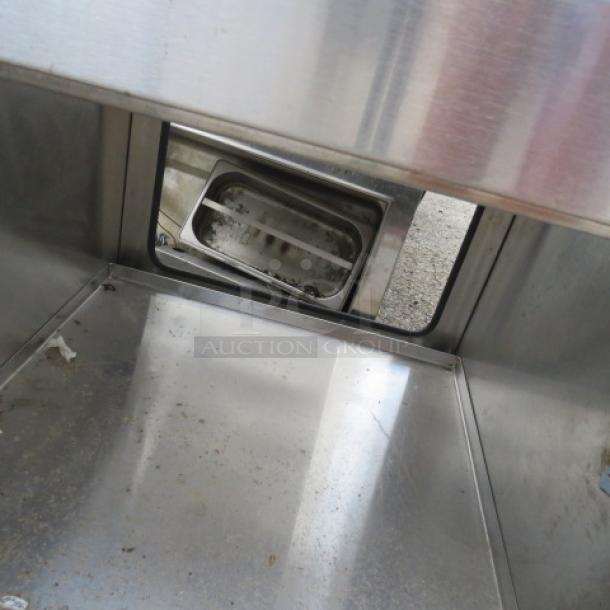 Glastender stainless steel underbar drain table, model PCB-24, with SS undershelf. Dimensions: 24x24x36.5 inches.