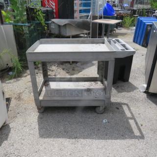 Gray poly 2-shelf cart on casters, 25.5x45x33 inches. Slight wear, built-in handles, suitable for transport or storage.