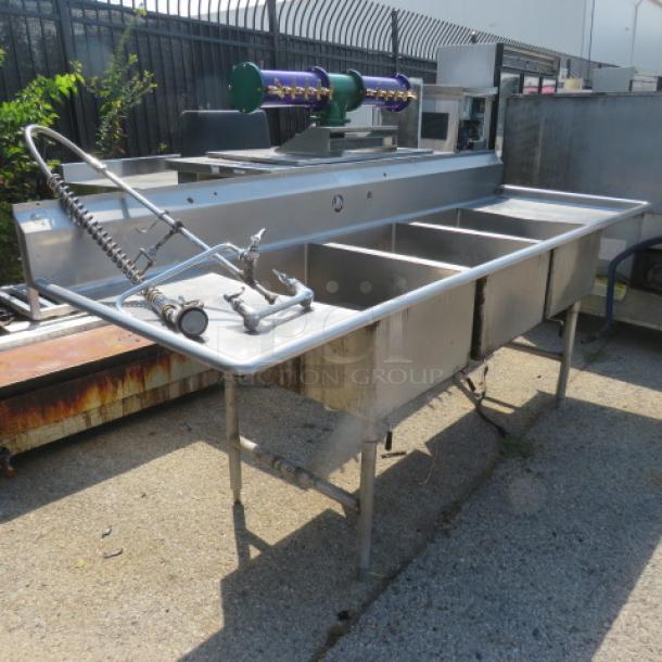 Stainless steel 3-compartment sink with right/left drain boards, faucet, hose sprayer, 103x35x45 inches, sink 20x28x12 inches.