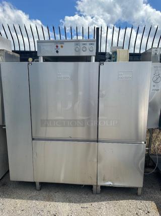 Meiko Conveyor Dishwasher, Model K66ET, 460V, 3 Phase, 82x32x75, stainless steel, used condition. Control panel on top.