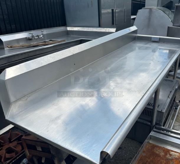 Stainless steel clean side dishwasher table, dimensions 90x31x40 inches, polished surface, backsplash, commercial use.