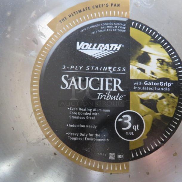 Vollrath 3 Quart Saucier Pan with GatorGrip handle, 3-ply stainless, induction ready, new condition.