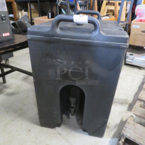 Cambro portable 11.75-gallon beverage dispenser, model 1000LCD, black, with carrying handles and spout, good condition.