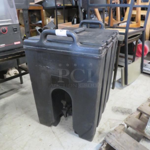 Cambro 11.75-gallon portable beverage dispenser, model 1000LCD, in used condition, featuring a spigot and sturdy handles.