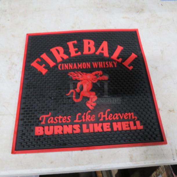 Fireball Vodka bar mat, 11.5x11.5 inches, black with red branding, features "Tastes Like Heaven, Burns Like Hell" slogan.
