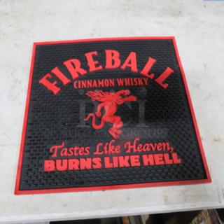 Fireball Vodka Bar Mat, 11.5x11.5 inches, red and black, features Fireball branding and slogan, in good condition.