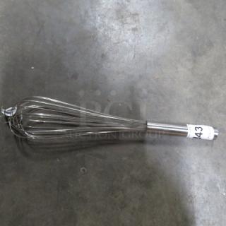16-inch stainless steel whisk, new condition, with label showing number 243 on handle.