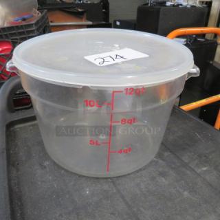 12-quart food storage container with lid, clear plastic, red measurement markings in quarts and liters, label reading "214".