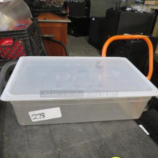 Clear full-size 6-inch deep food storage container with lid, labeled "278," in good condition.
