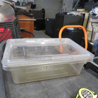 One Cambro 3-gallon food storage container with lid, clear plastic, used condition, stackable design, suitable for kitchen use.