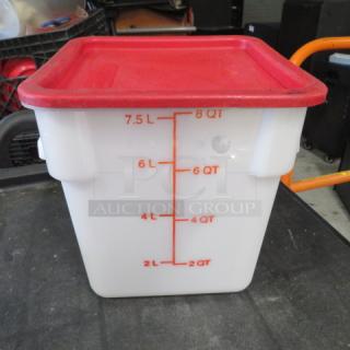 8-quart food storage container with red lid, white plastic, marked in quarts and liters; used condition.