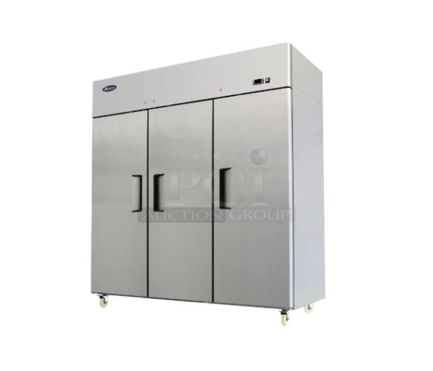 Brand new Atosa MBF8006GR commercial 3-door stainless steel reach-in refrigerator on wheels. Model: MBF8006GR.