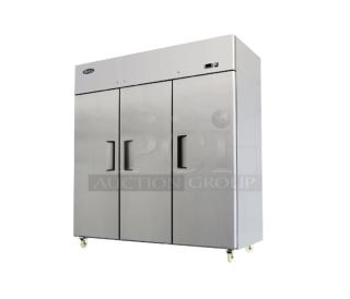 Brand new Atosa MBF8006GR commercial 3-door stainless steel reach-in refrigerator on wheels. Model: MBF8006GR.