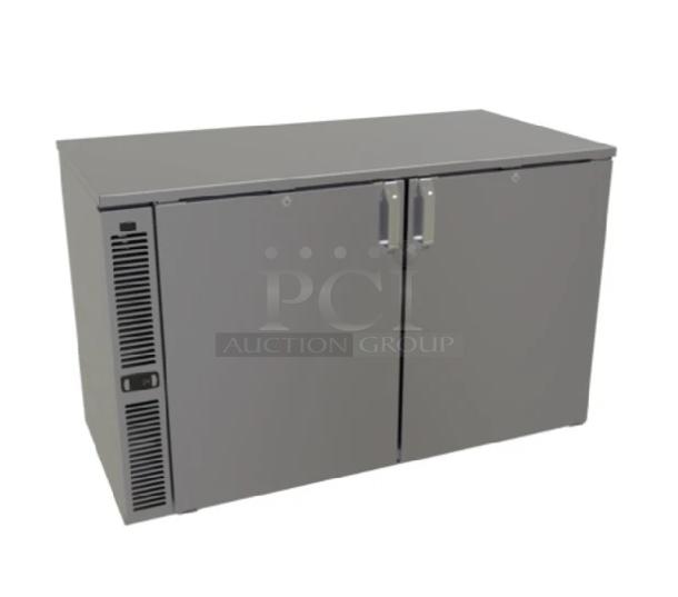 Brand new Glastender C1SL48 commercial 2-door stainless steel back bar refrigerated cabinet.