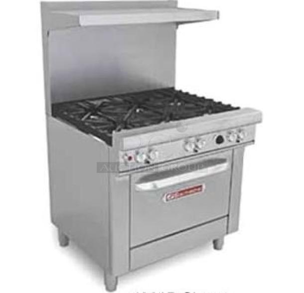 Southbend 4361D-7N stainless steel natural gas 4-burner range/oven combo, with backsplash, salamander shelf, and legs. Brand new.