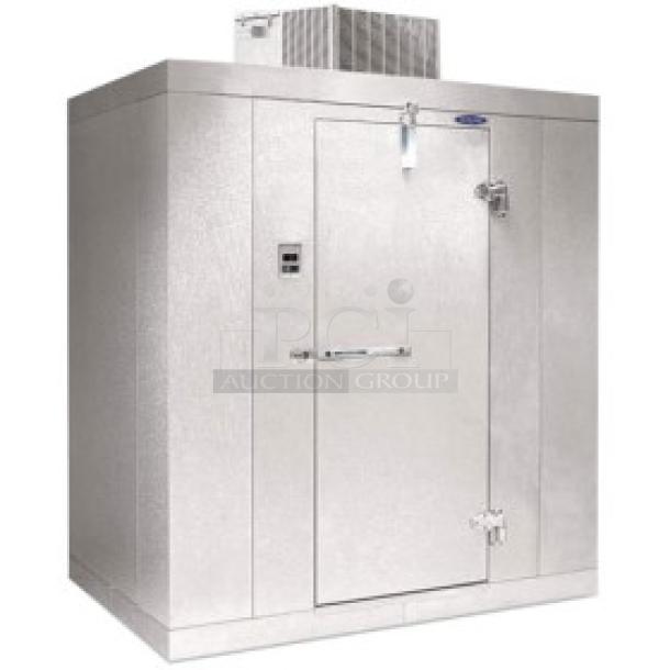 Brand new Norlake Kold Locker 6'x6' indoor walk-in freezer, model KLF66CRM, with self-contained ceiling mount refrigeration system.