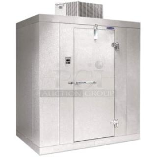 Brand new Norlake Kold Locker 6'x6' indoor walk-in freezer, model KLF66CRM, with self-contained ceiling mount refrigeration system.