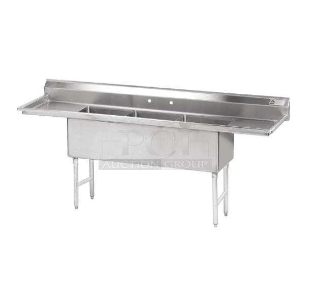 Brand new Advance Tabco stainless steel 3-compartment sink, Model FS3242418RL, with 18" drainboards on both sides.