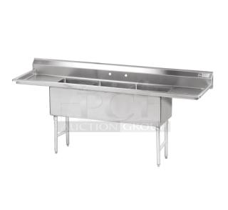 Brand new Advance Tabco stainless steel 3-compartment sink, Model FS3242418RL, with 18" drainboards on both sides.