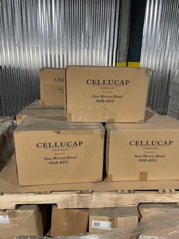 Brand new full pallet of Cellucap 980B-REG blue non-woven disposable hoods, 100 per bag, 10 bags per case, visible labels.