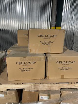 Brand new full pallet of Cellucap 980B-REG blue non-woven disposable hoods, 100 per bag, 10 bags per case, visible labels.