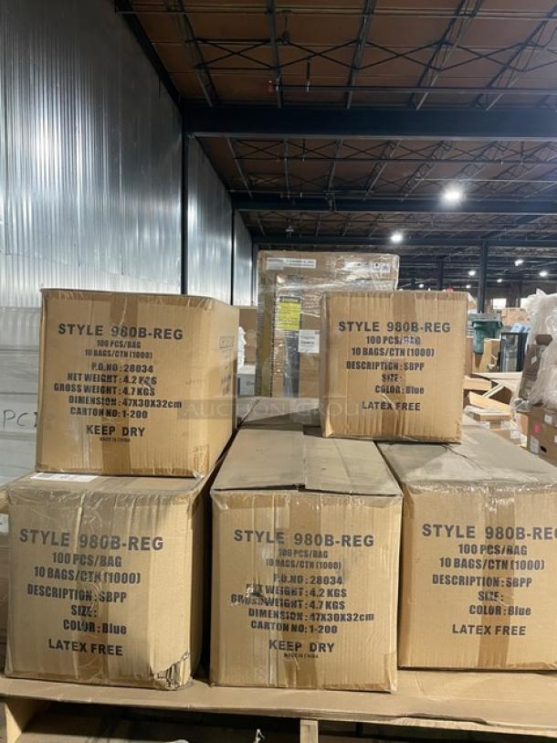 Full pallet of Cellucap 980BREG blue disposable hoods, 100 per bag, 10 bags per case, latex-free, new and unopened.