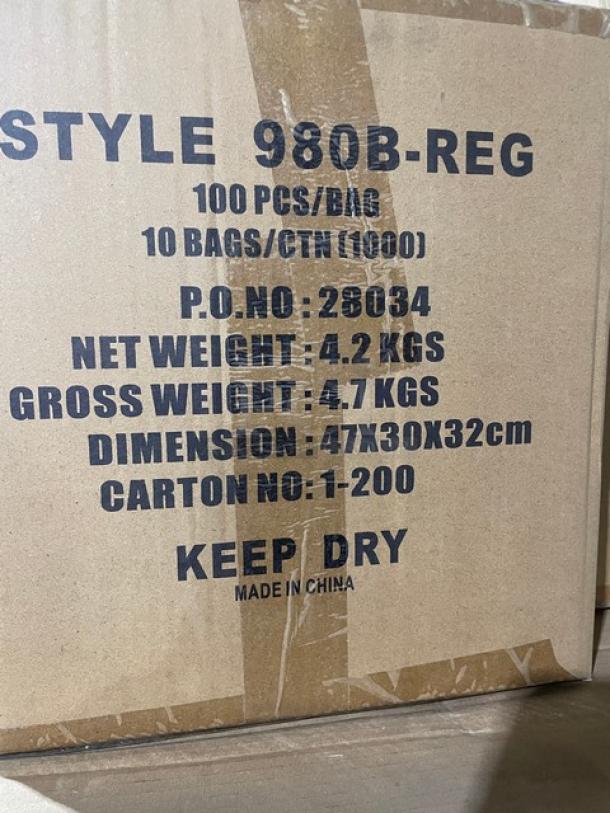 Full pallet of Cellucap Model 980B-REG disposable hoods, 100 per bag, 10 bags per case. New condition, keep dry.