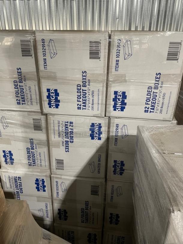 Brand new pallet of Singer #2 folded takeout boxes, model 10329149, 7-3/4" x 5-1/2" x 1-7/8". 200 per case.