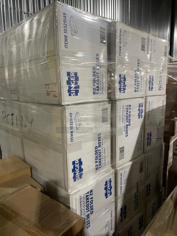 Full pallet of Singer Commercial Black #2 folded take-out containers, model 10329149, size 7-3/4" x 5-1/2" x 1-7/8", 200 per case. Brand new.