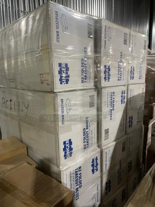 Full pallet of Singer Commercial Black #2 folded take-out containers, model 10329149, size 7-3/4" x 5-1/2" x 1-7/8", 200 per case. Brand new.